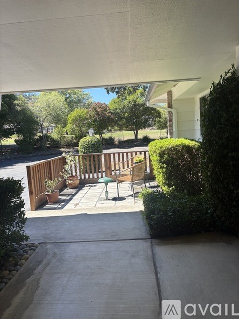 A patio with a table and chairs is surrounded by green bushes.