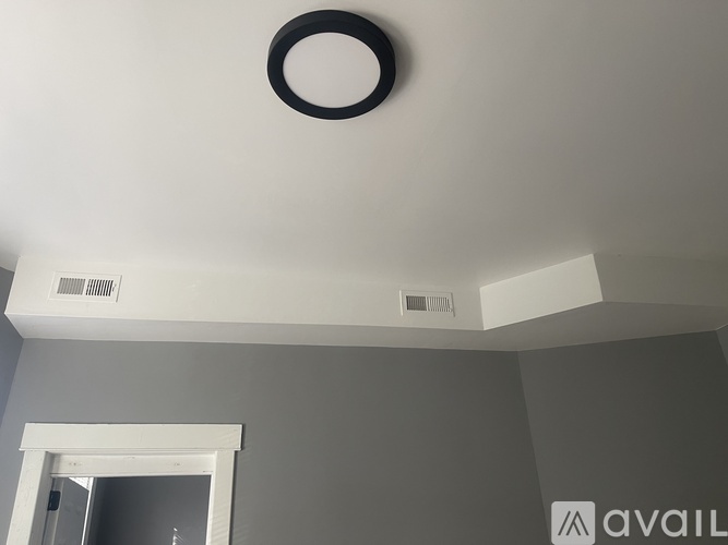 A white ceiling with a black ring and two vents.