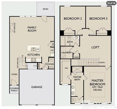 A floor plan of a house with a garage and two bedrooms.