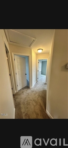 A hallway with a carpeted floor and white walls.