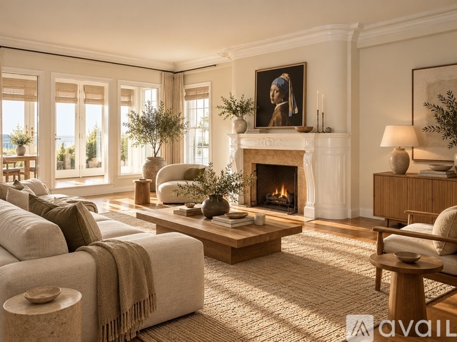 A living room with a fireplace and a painting on the wall.