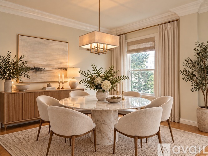 A dining room with a marble table and white chairs.