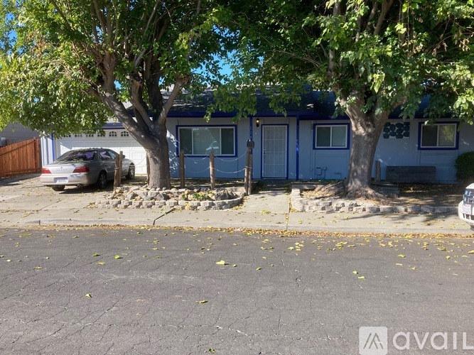 A tree in front of a blue house with a car parked in front of it.