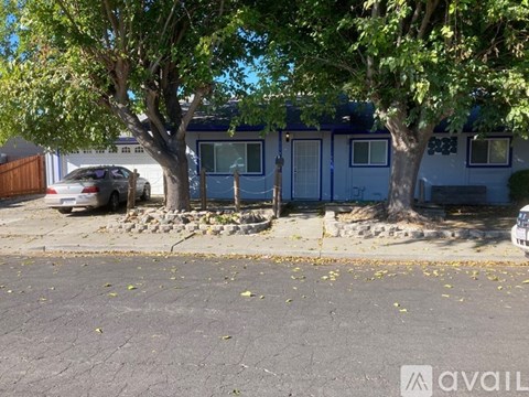 A tree in front of a blue house with a car parked in front of it.