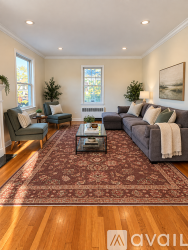 A living room with a grey couch and a red rug.