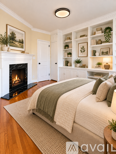 A bedroom with a large bed and a fireplace.