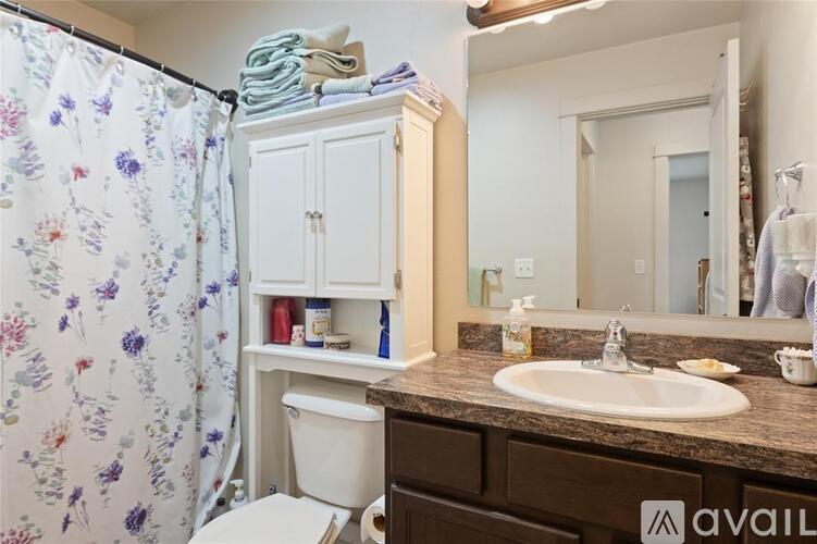 A bathroom with a floral shower curtain, a white cabinet with towels, a toilet, and a sink.