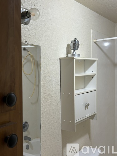 A white bathroom cabinet with a shower head on top.