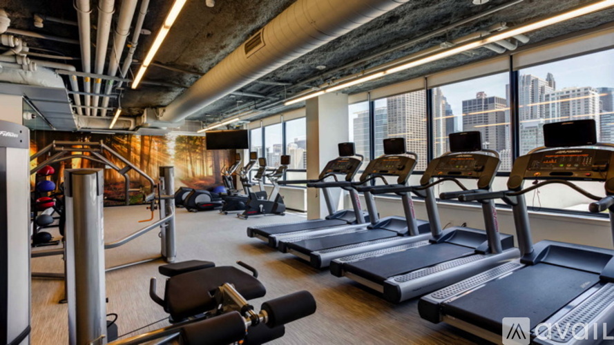 A gym with treadmills and a view of the city.