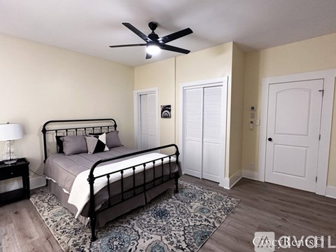 A bedroom with a bed, a ceiling fan, and a rug.