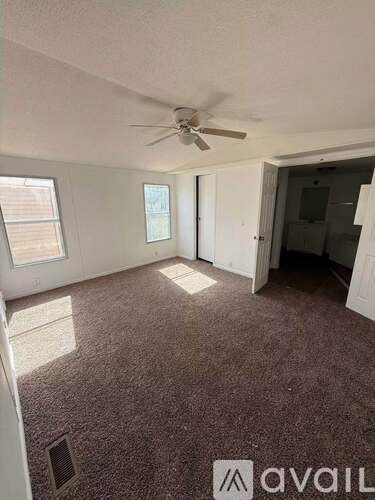 A room with a ceiling fan and a window letting in sunlight.
