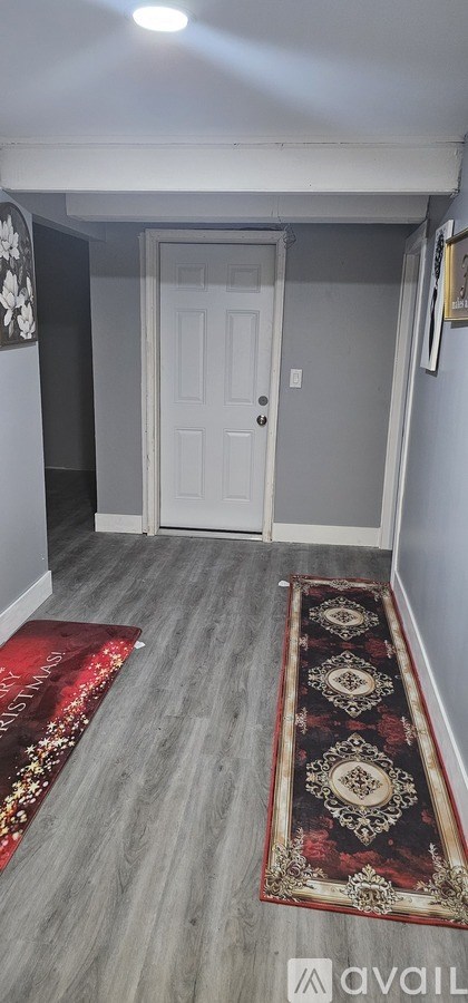 A hallway with a red carpet and a white door.