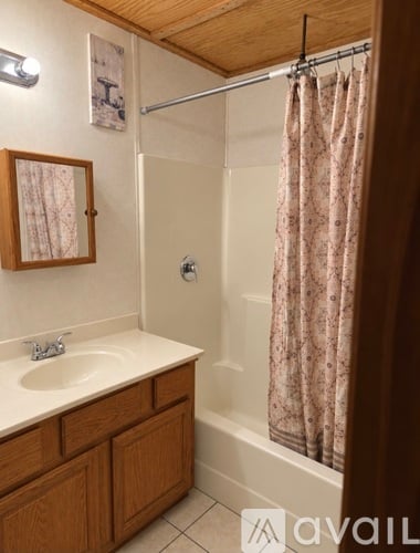 A bathroom with a wooden cabinet and a shower with a curtain.