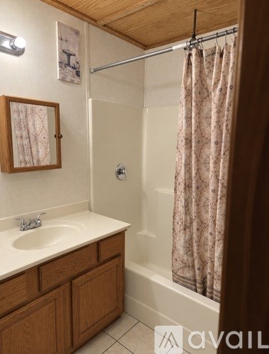 A bathroom with a wooden cabinet and a shower with a curtain.