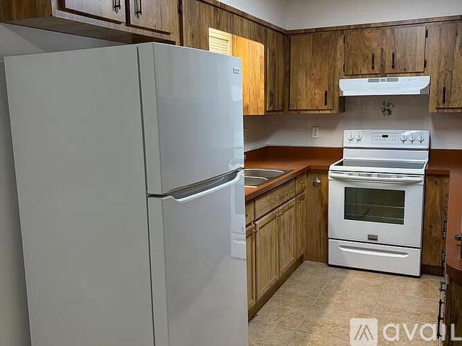 A white refrigerator and stove in a kitchen with wooden cabinets.