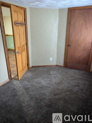 A room with two doors and a carpeted floor.