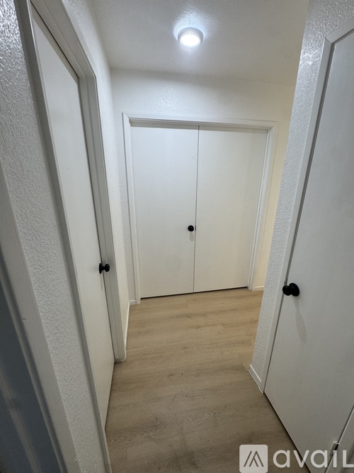 A hallway with white doors and a light on the ceiling.