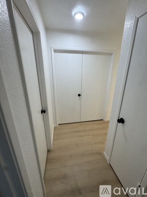 A hallway with white doors and a light on the ceiling.