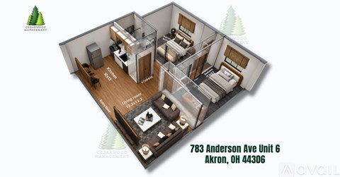 A 3D floor plan of a home with the text "783 Anderson Ave Unit 6 Akron, OH 44306".
