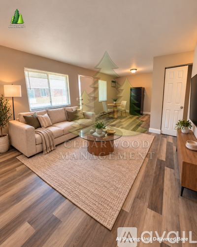A living room with a couch, a coffee table, and a rug.