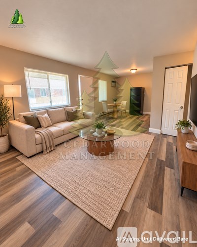 A living room with a couch, a coffee table, and a rug.