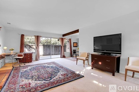 A living room with a rug, a television, and a chair.