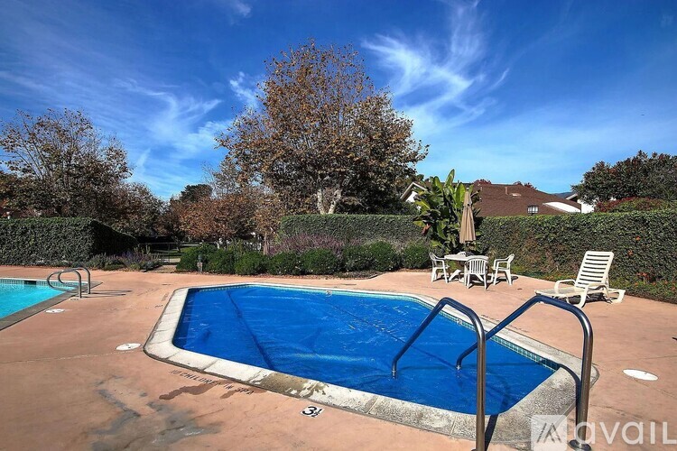 A pool surrounded by trees and chairs.