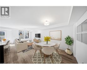 A well-lit, modern dining room with a table set for four.