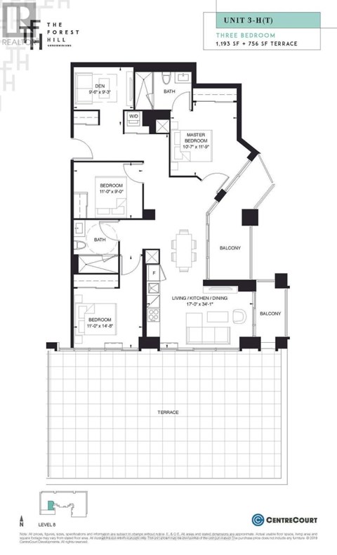 A floor plan for Unit 3-H10 at The Forest Hill, showing a three bedroom layout with a living area, two bathrooms, a balcony, and a terrace.