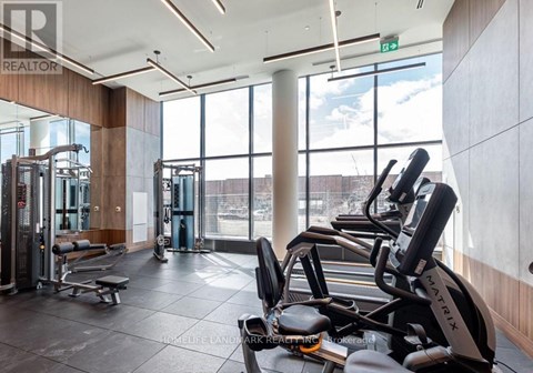 A gym with a row of treadmilers and a row of exercise bikes.