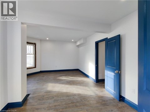 A room with a blue door and a window.