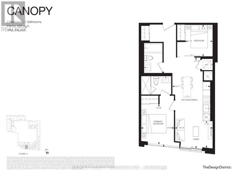 A black and white image of a floor plan for a Canopy 2 Bedroom, 2 Bathroom apartment.