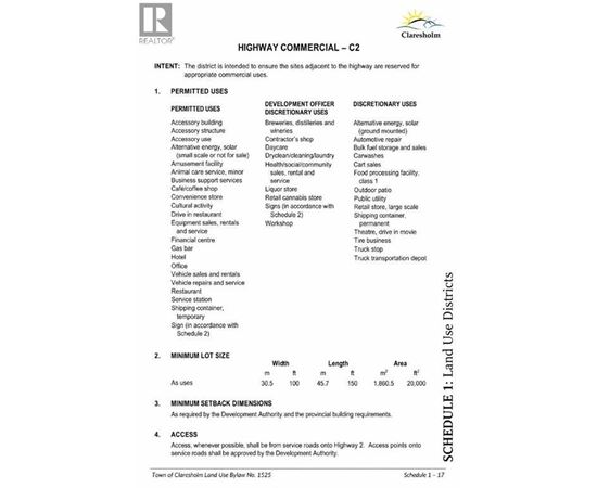 A document outlining the permitted and discretionary uses for a highway commercial area, along with minimum lot and setback dimensions.