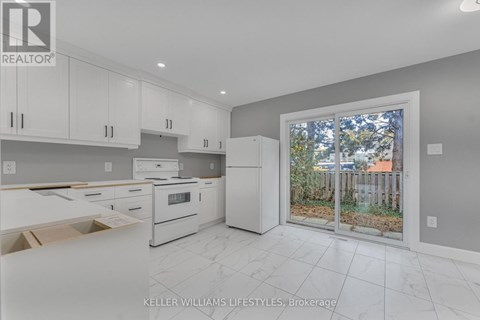 A kitchen with white cabinets and appliances is on the market.