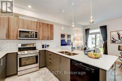 A kitchen with wooden cabinets and a white countertop.