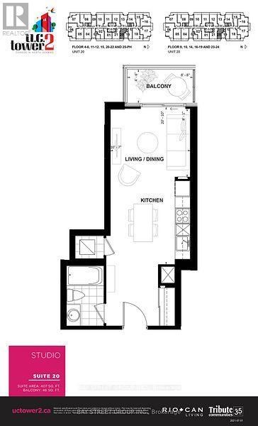 A floor plan for a studio apartment with a kitchen, living room/dining area, and a bathroom.