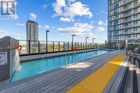 A pool with a yellow line in the middle of it.