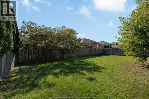 A backyard with a wooden fence and green grass.