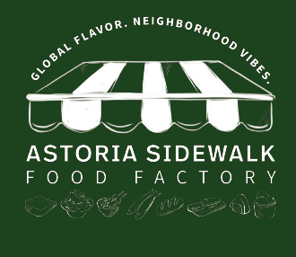 A logo for Astoria Sidewalk Food Factory featuring a striped awning and the tagline "Global Flavor. Neighborhood Vibes.".