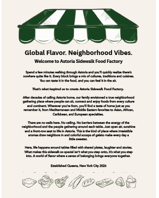 A poster for Astoria Sidewalk Food Factory featuring a green and white striped awning.