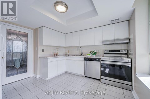 A well-lit kitchen with white cabinets and stainless steel appliances.
