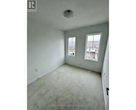 A room with a carpeted floor and two windows.