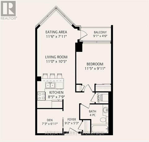 A floor plan for a home with a den, living room, kitchen, dining area, and two bathrooms.