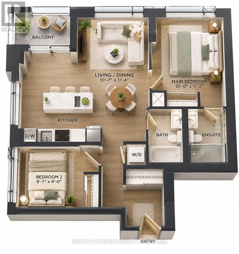 A floor plan of a home showing a living room, kitchen, two bedrooms, and bathrooms.