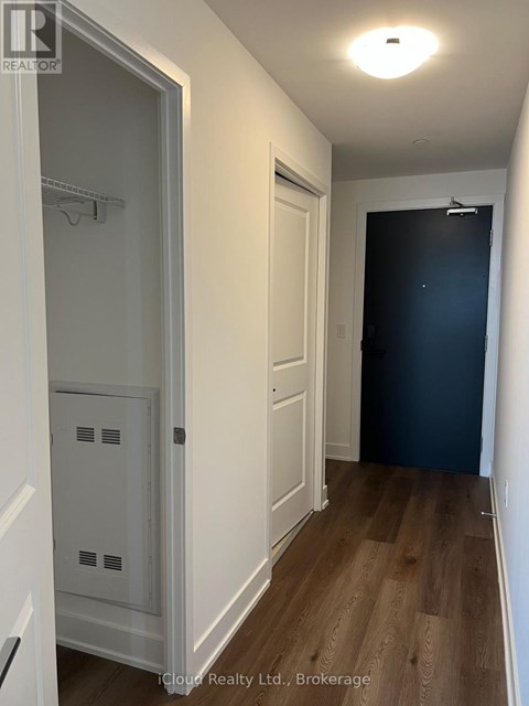 A hallway with a white door and a black door.