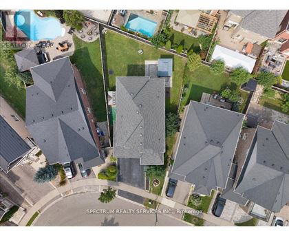 A bird's eye view of a neighborhood with houses and a pool.