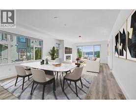 A dining room with a table set for six.