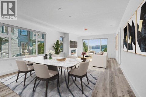 A dining room with a table set for six.