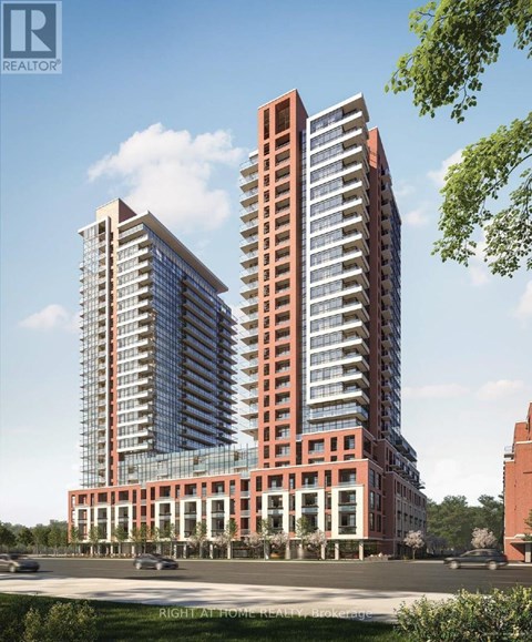 A rendering of a modern apartment building with a glass facade and a brick base.