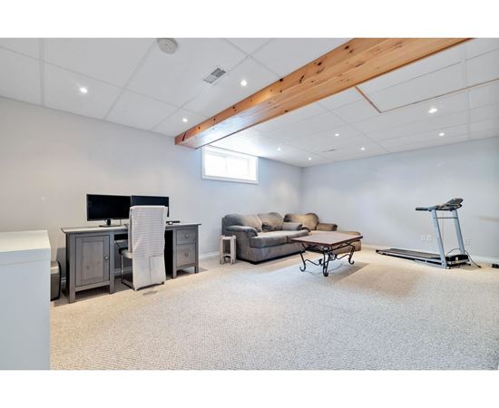 A spacious room with a couch, a chair, a desk, and a treadmill.